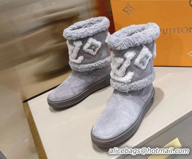 Luxury Classic Louis Vuitton Snowdrop Shearling and Suede Flat Ankle Boots 120443 Grey