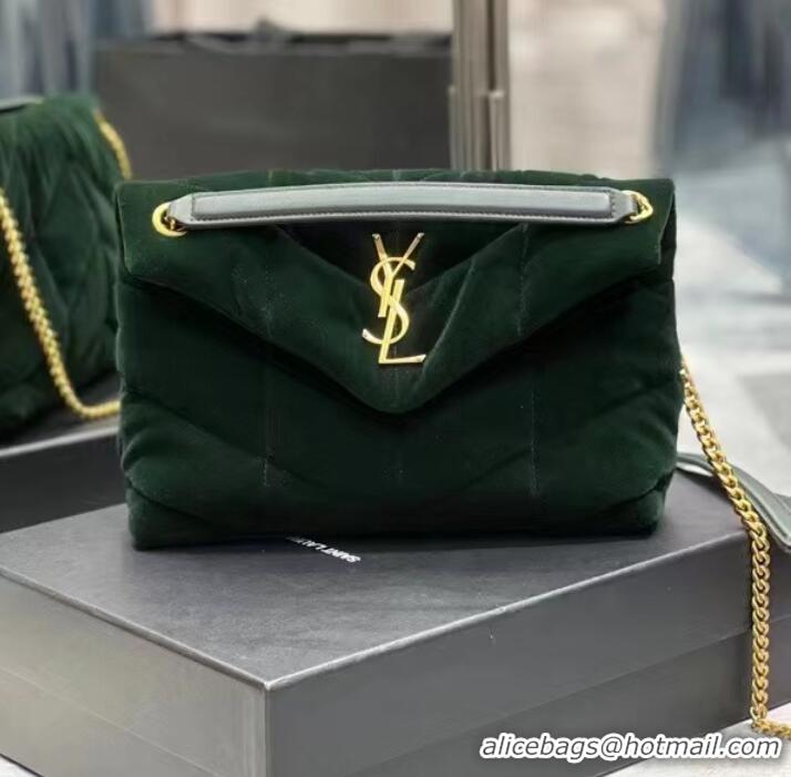 Good Quality Yves Saint Laurent PUFFER SMALL BAG IN VELVET AND LAMBSKIN 747627 DARK KHAKI