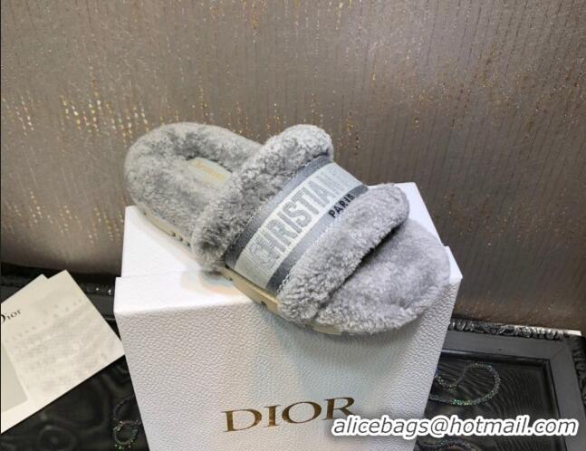 Cheap Dior Dway Flat Slide Sandals in Grey Embroidered Cotton and Shearling 111539