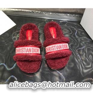 Fashion Dior Dway Flat Slide Sandals in Dark Red Embroidered Cotton and Shearling 111540