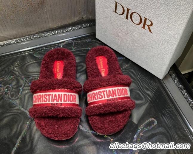 Fashion Dior Dway Flat Slide Sandals in Dark Red Embroidered Cotton and Shearling 111540