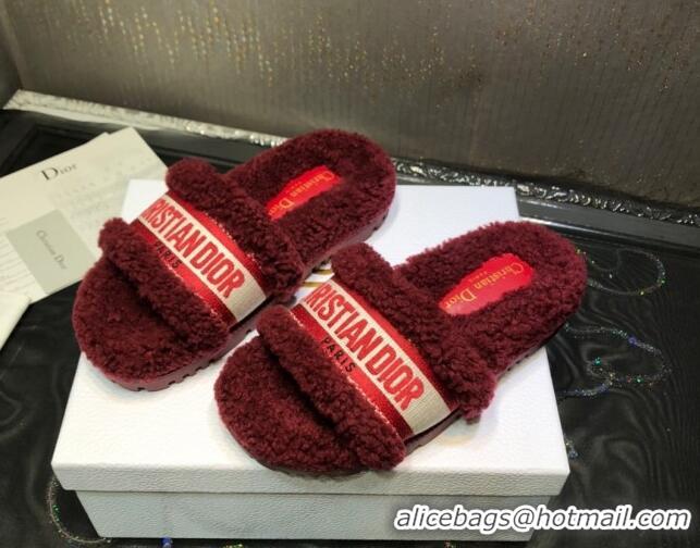 Fashion Dior Dway Flat Slide Sandals in Dark Red Embroidered Cotton and Shearling 111540