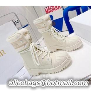 Classic Hot Dior D-Major Ankle Short Boots in White Calfskin and Shearling 111541