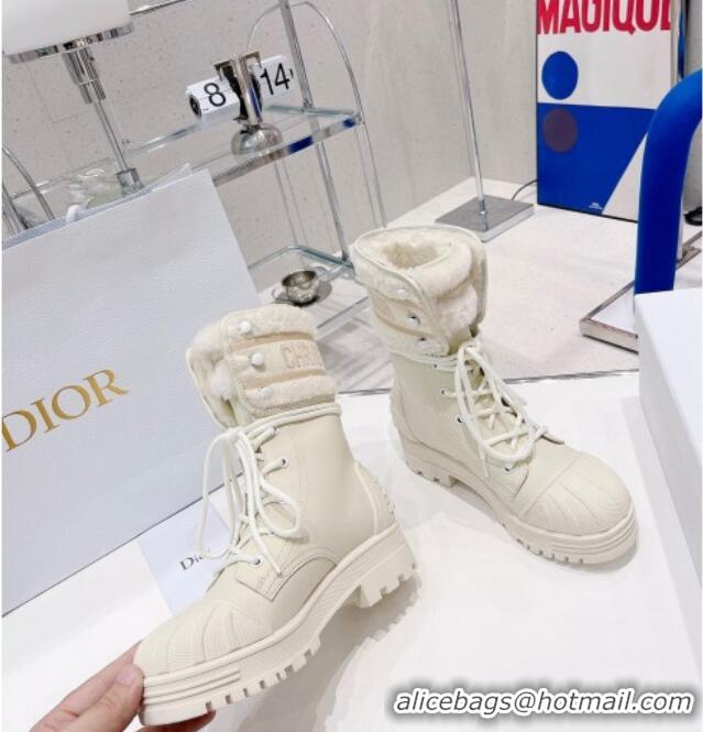 Classic Hot Dior D-Major Ankle Short Boots in White Calfskin and Shearling 111541