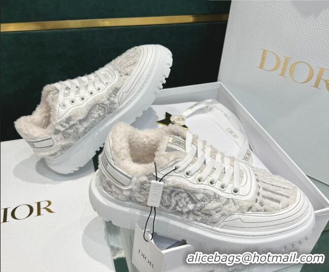 Top Quality Dior Addict Sneakers in Grey Toile de Jouy Embroidered Shearling 111544