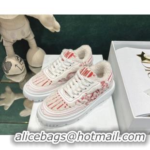 New Style Dior Addict Sneakers in Red Toile de Jouy Embroidered Shearling 111545