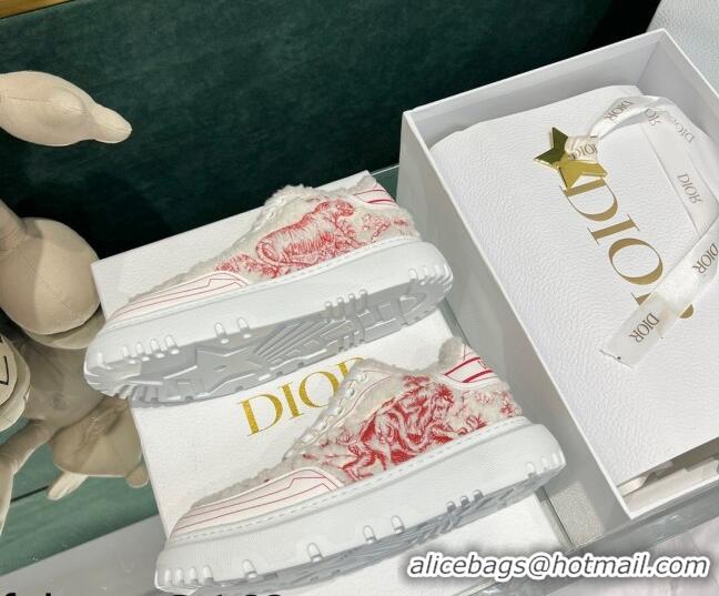 New Style Dior Addict Sneakers in Red Toile de Jouy Embroidered Shearling 111545