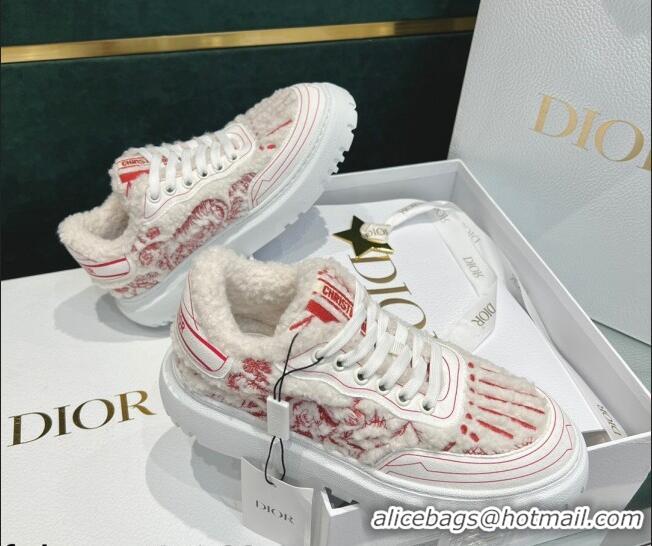 New Style Dior Addict Sneakers in Red Toile de Jouy Embroidered Shearling 111545