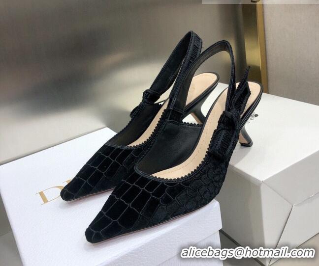 Cute Dior J'Adior Slingback Pumps 6.5cm in Black Crocodile-Effect Embroidered Velvet 111568