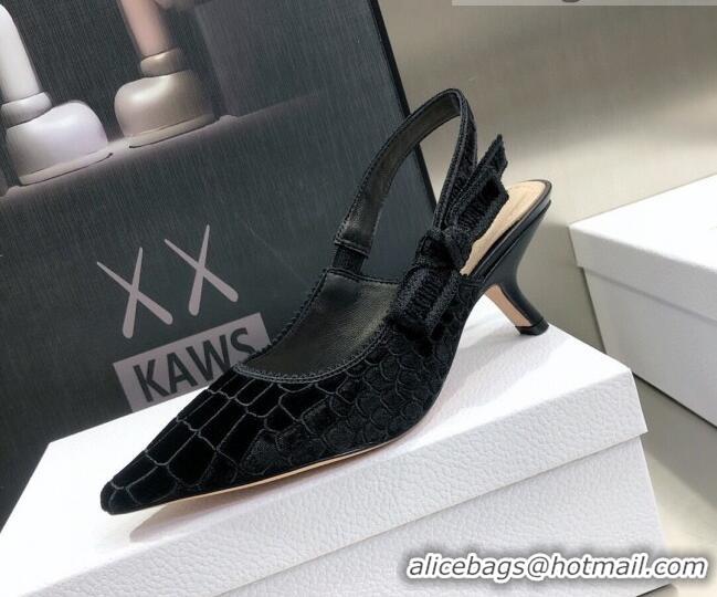 Cute Dior J'Adior Slingback Pumps 6.5cm in Black Crocodile-Effect Embroidered Velvet 111568