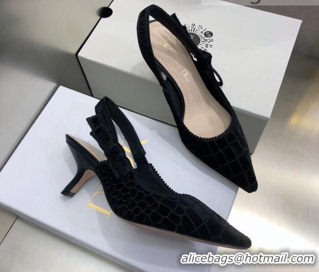 Cute Dior J'Adior Slingback Pumps 6.5cm in Black Crocodile-Effect Embroidered Velvet 111568