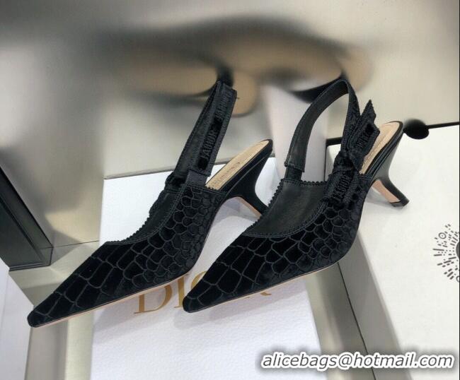 Cute Dior J'Adior Slingback Pumps 6.5cm in Black Crocodile-Effect Embroidered Velvet 111568