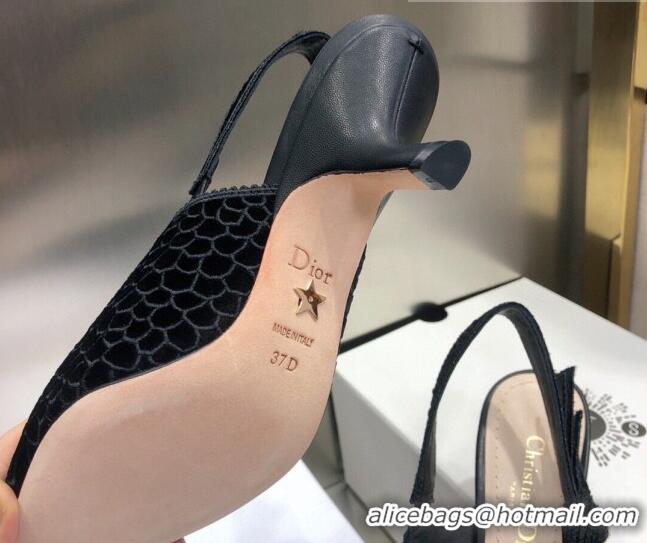 Cute Dior J'Adior Slingback Pumps 6.5cm in Black Crocodile-Effect Embroidered Velvet 111568