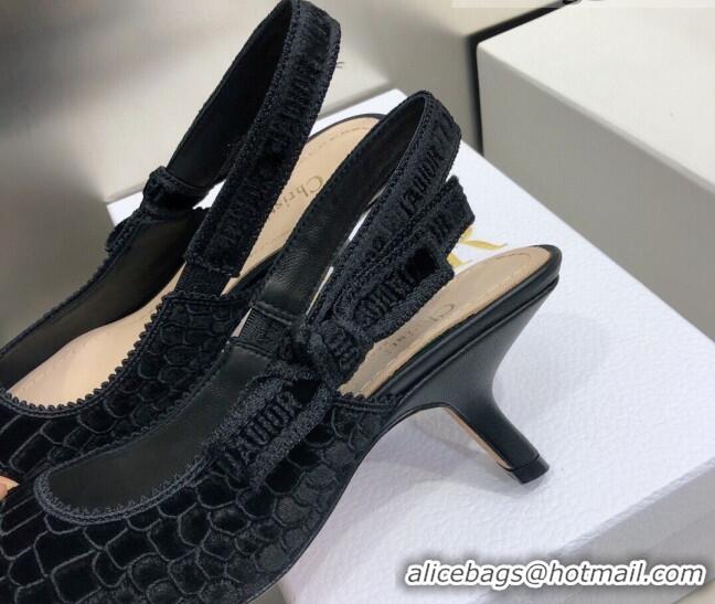 Cute Dior J'Adior Slingback Pumps 6.5cm in Black Crocodile-Effect Embroidered Velvet 111568