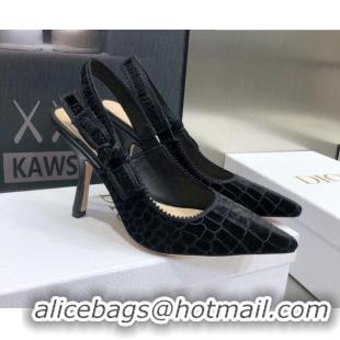 Best Design Dior J'Adior Slingback Pumps 9.5cm in Black Crocodile-Effect Embroidered Velvet 111569