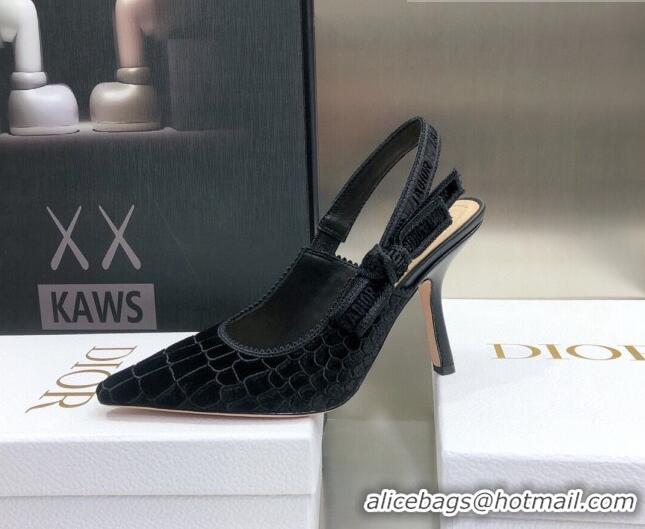 Best Design Dior J'Adior Slingback Pumps 9.5cm in Black Crocodile-Effect Embroidered Velvet 111569