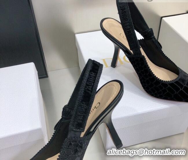 Best Design Dior J'Adior Slingback Pumps 9.5cm in Black Crocodile-Effect Embroidered Velvet 111569