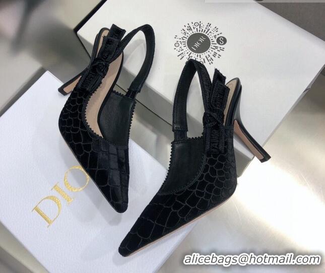 Best Design Dior J'Adior Slingback Pumps 9.5cm in Black Crocodile-Effect Embroidered Velvet 111569