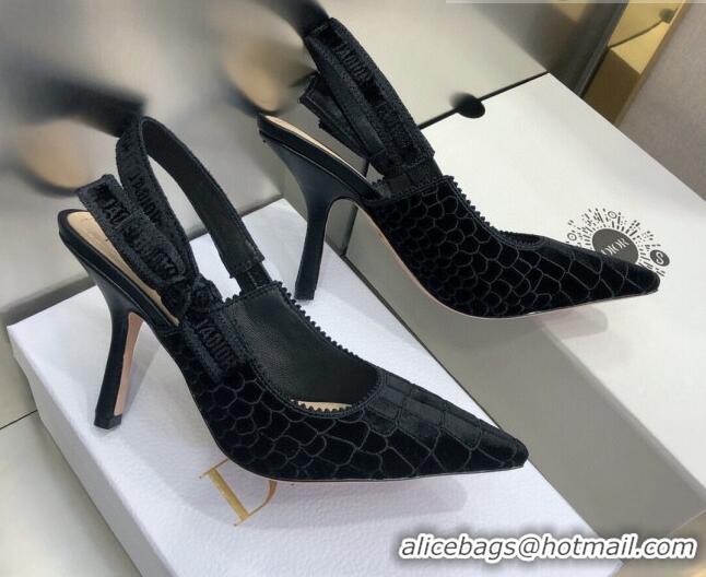 Best Design Dior J'Adior Slingback Pumps 9.5cm in Black Crocodile-Effect Embroidered Velvet 111569