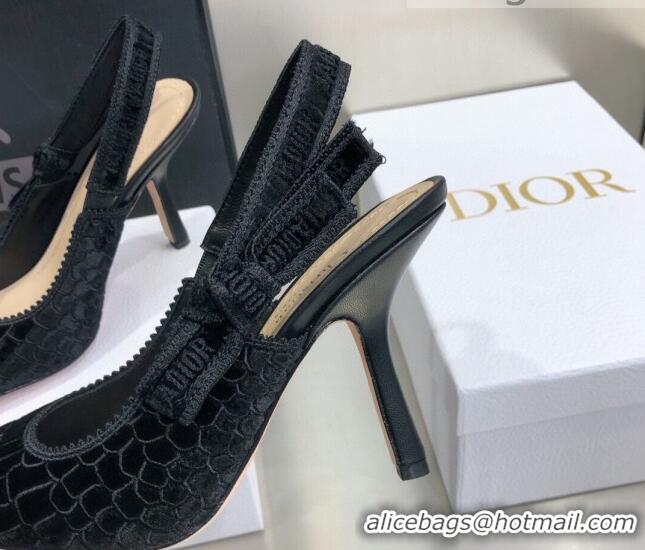 Best Design Dior J'Adior Slingback Pumps 9.5cm in Black Crocodile-Effect Embroidered Velvet 111569