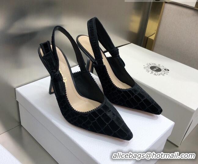 Best Design Dior J'Adior Slingback Pumps 9.5cm in Black Crocodile-Effect Embroidered Velvet 111569