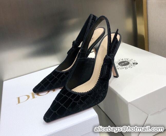 Best Design Dior J'Adior Slingback Pumps 9.5cm in Black Crocodile-Effect Embroidered Velvet 111569