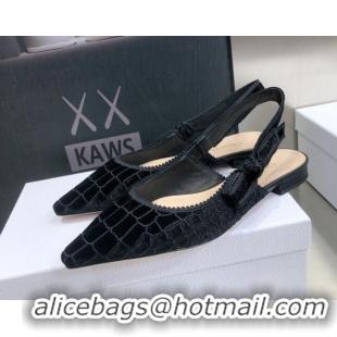 Good Quality Dior J'Adior Slingback Ballerina Flat in Black Crocodile-Effect Embroidered Velvet 111570