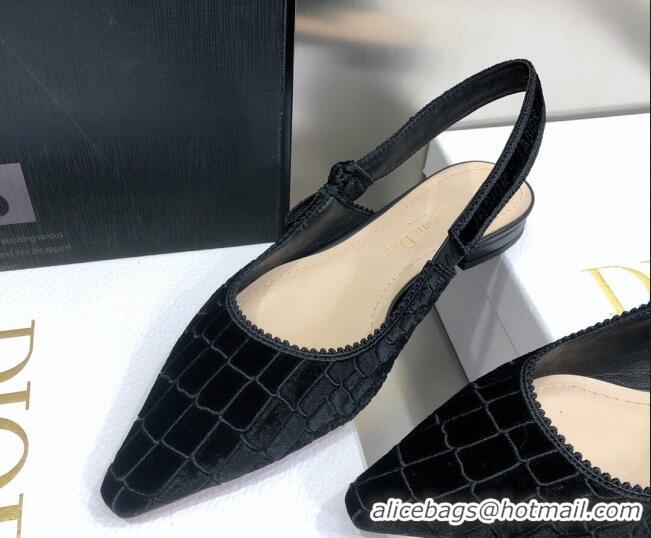 Good Quality Dior J'Adior Slingback Ballerina Flat in Black Crocodile-Effect Embroidered Velvet 111570