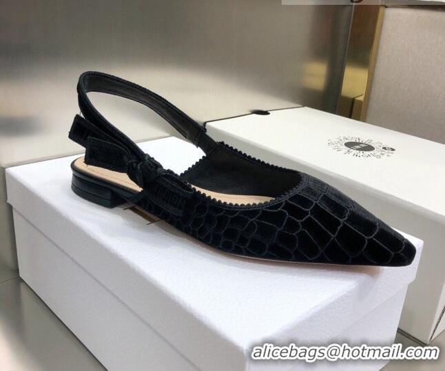 Good Quality Dior J'Adior Slingback Ballerina Flat in Black Crocodile-Effect Embroidered Velvet 111570