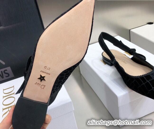 Good Quality Dior J'Adior Slingback Ballerina Flat in Black Crocodile-Effect Embroidered Velvet 111570