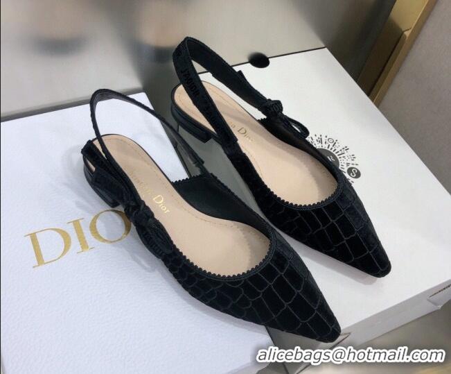 Good Quality Dior J'Adior Slingback Ballerina Flat in Black Crocodile-Effect Embroidered Velvet 111570