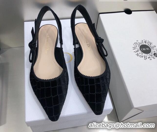 Good Quality Dior J'Adior Slingback Ballerina Flat in Black Crocodile-Effect Embroidered Velvet 111570