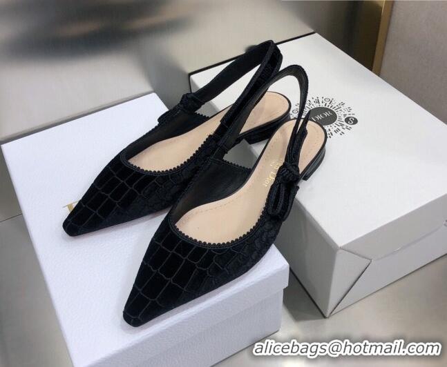 Good Quality Dior J'Adior Slingback Ballerina Flat in Black Crocodile-Effect Embroidered Velvet 111570