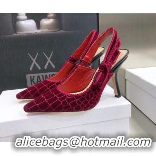 Best Price Dior J'Adior Slingback Pumps 9.5cm in Red Crocodile-Effect Embroidered Velvet 111575