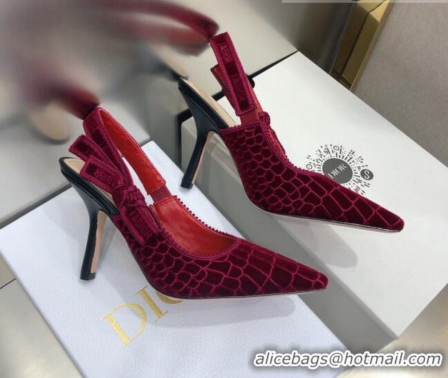 Best Price Dior J'Adior Slingback Pumps 9.5cm in Red Crocodile-Effect Embroidered Velvet 111575