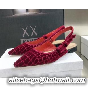 Discount Dior J'Adior Slingback Ballerina Flat in Red Crocodile-Effect Embroidered Velvet 111573