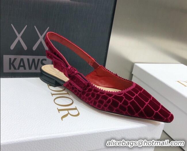 Discount Dior J'Adior Slingback Ballerina Flat in Red Crocodile-Effect Embroidered Velvet 111573