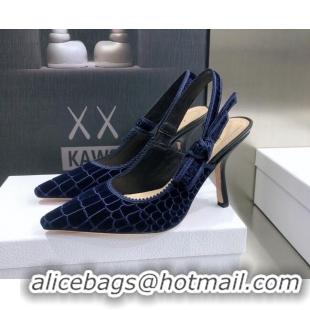 Best Luxury Dior J'Adior Slingback Pumps 9.5cm in Navy Blue Crocodile-Effect Embroidered Velvet 111574