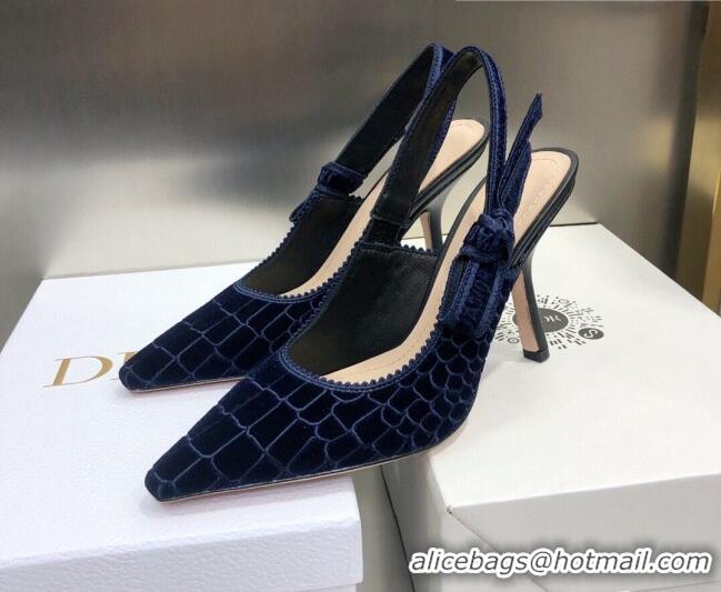 Best Luxury Dior J'Adior Slingback Pumps 9.5cm in Navy Blue Crocodile-Effect Embroidered Velvet 111574