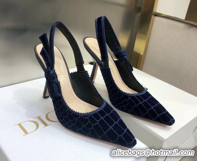 Best Luxury Dior J'Adior Slingback Pumps 9.5cm in Navy Blue Crocodile-Effect Embroidered Velvet 111574