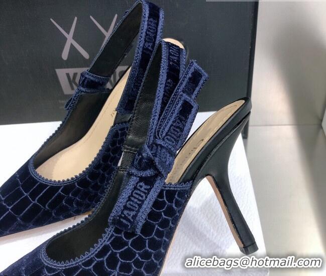 Best Luxury Dior J'Adior Slingback Pumps 9.5cm in Navy Blue Crocodile-Effect Embroidered Velvet 111574