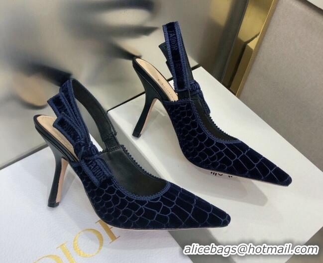 Best Luxury Dior J'Adior Slingback Pumps 9.5cm in Navy Blue Crocodile-Effect Embroidered Velvet 111574