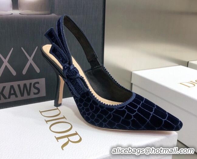 Best Luxury Dior J'Adior Slingback Pumps 9.5cm in Navy Blue Crocodile-Effect Embroidered Velvet 111574