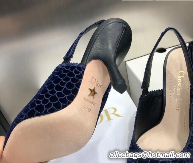 Best Luxury Dior J'Adior Slingback Pumps 9.5cm in Navy Blue Crocodile-Effect Embroidered Velvet 111574