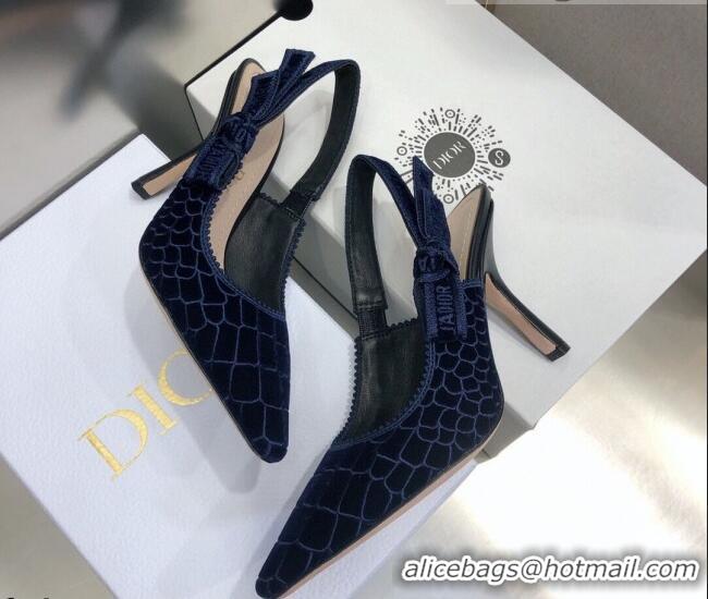 Best Luxury Dior J'Adior Slingback Pumps 9.5cm in Navy Blue Crocodile-Effect Embroidered Velvet 111574