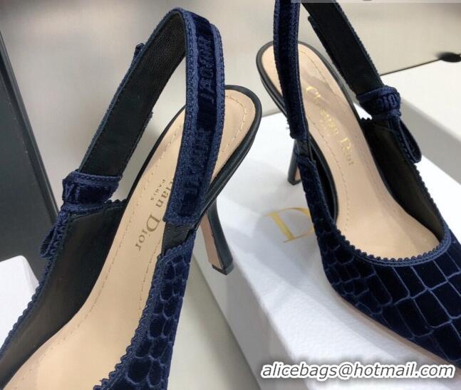 Best Luxury Dior J'Adior Slingback Pumps 9.5cm in Navy Blue Crocodile-Effect Embroidered Velvet 111574