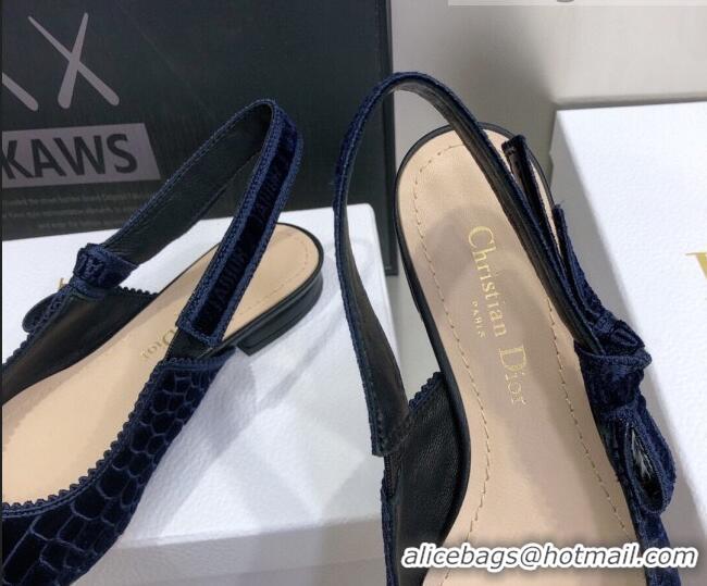 Good Product Dior J'Adior Slingback Ballerina Flat in Navy Blue Crocodile-Effect Embroidered Velvet 111576