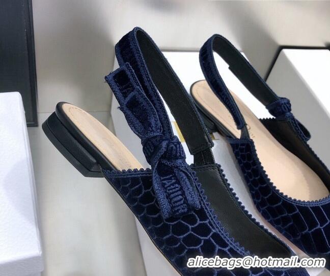 Good Product Dior J'Adior Slingback Ballerina Flat in Navy Blue Crocodile-Effect Embroidered Velvet 111576