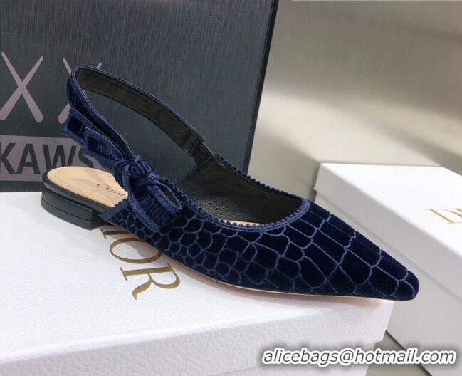 Good Product Dior J'Adior Slingback Ballerina Flat in Navy Blue Crocodile-Effect Embroidered Velvet 111576