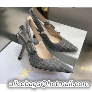 Unique Grade Dior J'Adior Slingback Pumps 9.5cm in Grey Crocodile-Effect Embroidered Velvet 111580